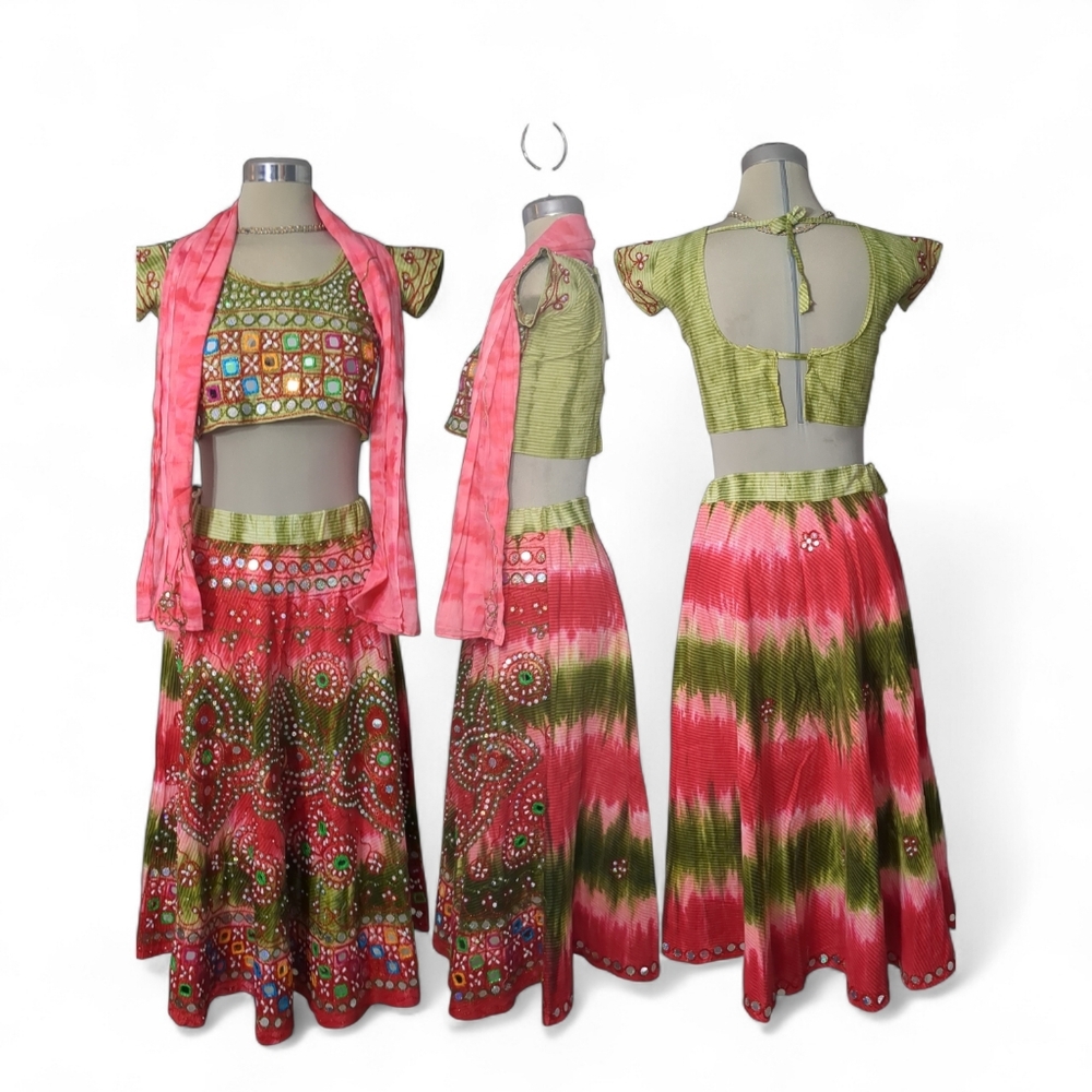 Bohemian Embroidered Skirt Set in Pink and Green